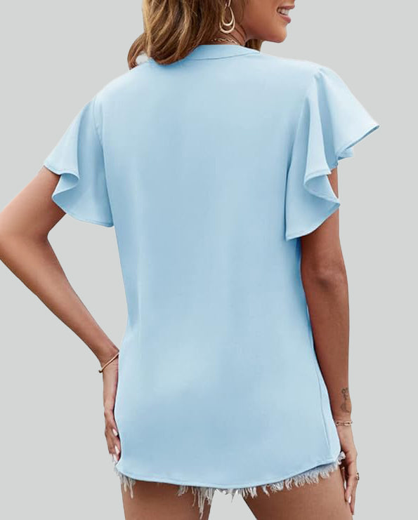 ASKSA Women's Shirt Chiffon Elegant V-neck Ruffle Summer Short Sleeve Loose Solid Color Basic Tops Casual Tunic Tops