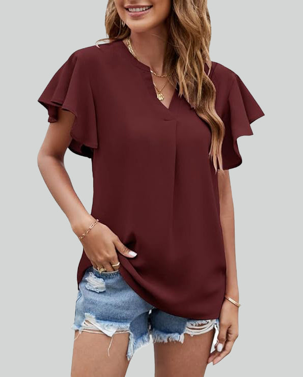 ASKSA Women's Shirt Chiffon Elegant V-neck Ruffle Summer Short Sleeve Loose Solid Color Basic Tops Casual Tunic Tops