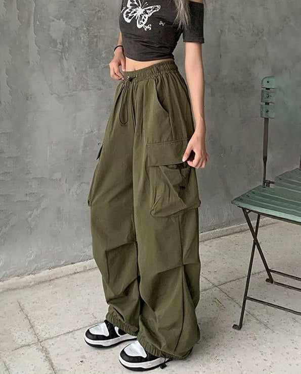 ASKSA Damen Cargohose Baggy Weites Bein Hose Y2K Track Pants Vintage Elastische Hohe Taille Freizeithose mit Taschen