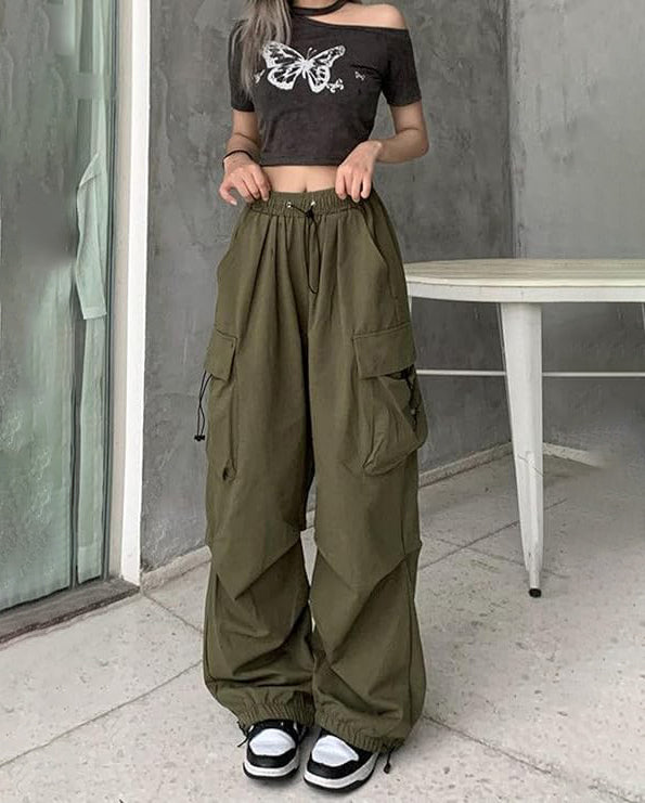ASKSA Damen Cargohose Baggy Weites Bein Hose Y2K Track Pants Vintage Elastische Hohe Taille Freizeithose mit Taschen