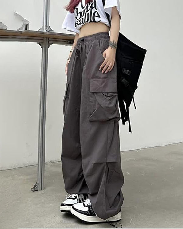 ASKSA Damen Cargohose Baggy Weites Bein Hose Y2K Track Pants Vintage Elastische Hohe Taille Freizeithose mit Taschen