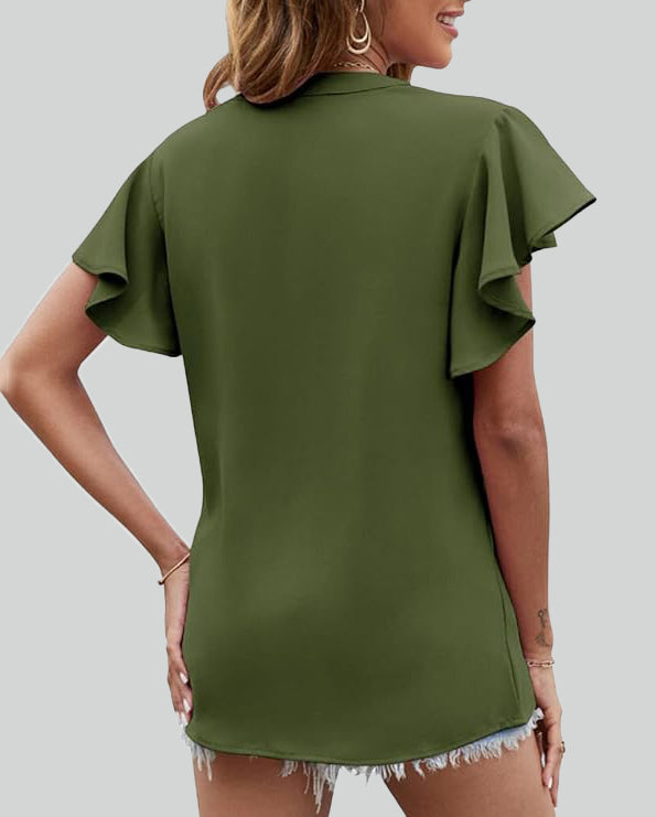 ASKSA Women's Shirt Chiffon Elegant V-neck Ruffle Summer Short Sleeve Loose Solid Color Basic Tops Casual Tunic Tops