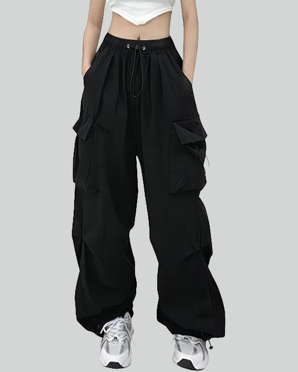 ASKSA Damen Cargohose Baggy Weites Bein Hose Y2K Track Pants Vintage Elastische Hohe Taille Freizeithose mit Taschen