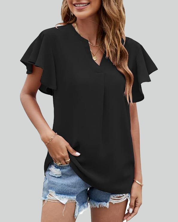 ASKSA Women's Shirt Chiffon Elegant V-neck Ruffle Summer Short Sleeve Loose Solid Color Basic Tops Casual Tunic Tops