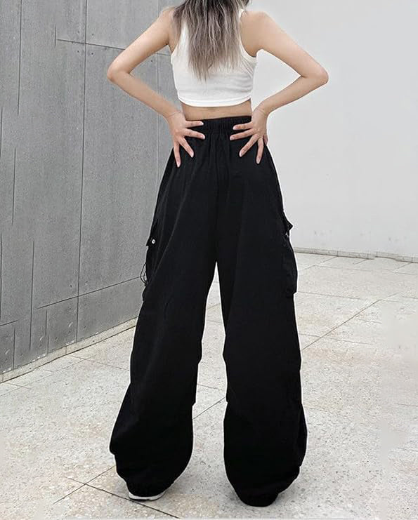 ASKSA Damen Cargohose Baggy Weites Bein Hose Y2K Track Pants Vintage Elastische Hohe Taille Freizeithose mit Taschen