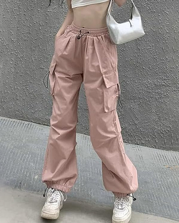 ASKSA Damen Cargohose Baggy Weites Bein Hose Y2K Track Pants Vintage Elastische Hohe Taille Freizeithose mit Taschen
