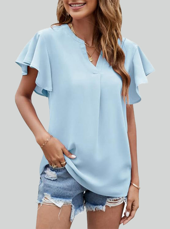 ASKSA Women's Shirt Chiffon Elegant V-neck Ruffle Summer Short Sleeve Loose Solid Color Basic Tops Casual Tunic Tops