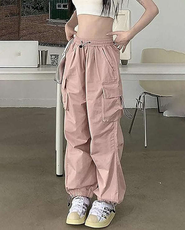 ASKSA Damen Cargohose Baggy Weites Bein Hose Y2K Track Pants Vintage Elastische Hohe Taille Freizeithose mit Taschen