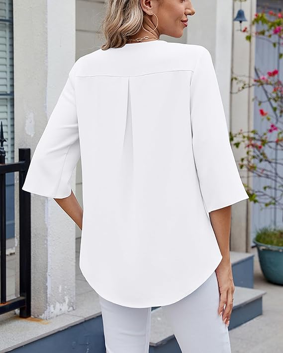 ASKSA Women's T-Shirt 3/4 Sleeves Ruffle Blouse V Neck Summer Elegant Solid Loose Waist Shirt Tops