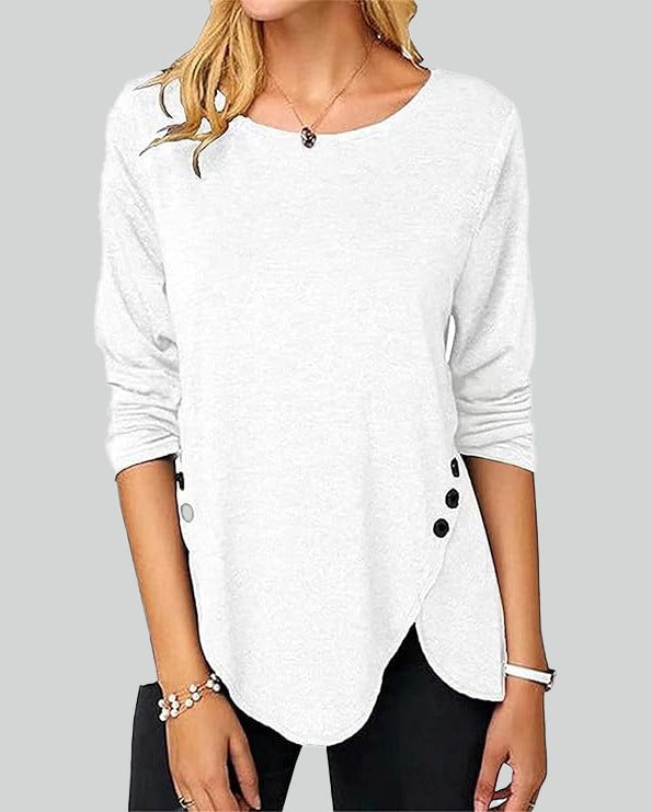ASKSA Women's Long Sleeve Shirt Round Neck Button Long Sleeve Solid Color Long Sleeve Loose Tunic Top