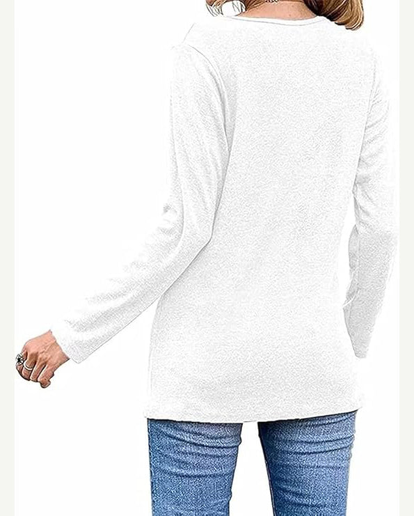 ASKSA Women's Long Sleeve Shirt Round Neck Button Long Sleeve Solid Color Long Sleeve Loose Tunic Top