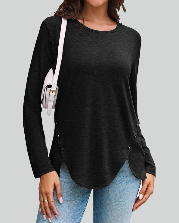 ASKSA Women's Long Sleeve Shirt Round Neck Button Long Sleeve Solid Color Long Sleeve Loose Tunic Top