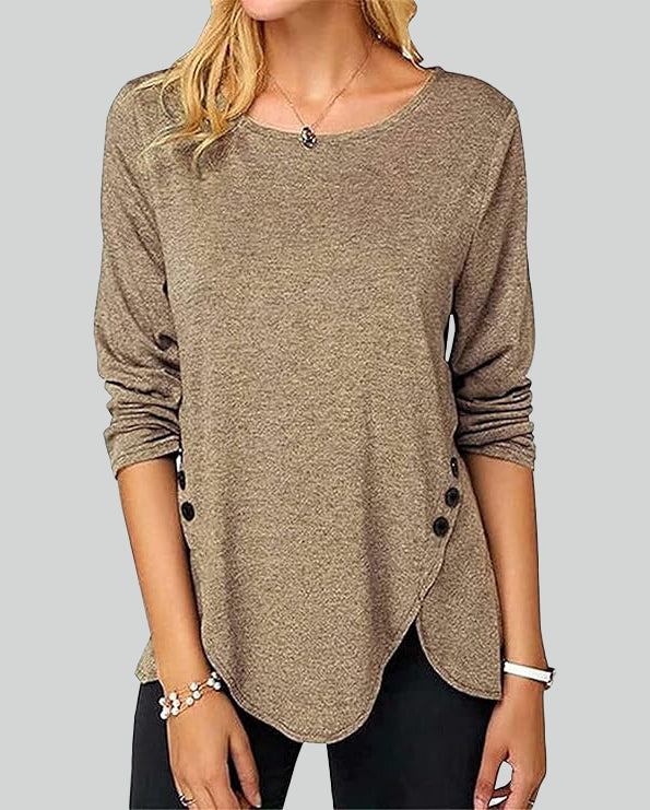 ASKSA Women's Long Sleeve Shirt Round Neck Button Long Sleeve Solid Color Long Sleeve Loose Tunic Top