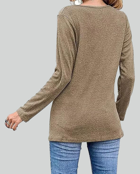 ASKSA Women's Long Sleeve Shirt Round Neck Button Long Sleeve Solid Color Long Sleeve Loose Tunic Top