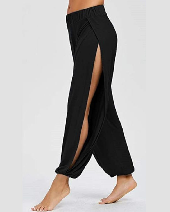 ASKSA women's high slit harem pants women's hippie slit sports pants fitness stretch pants loose yoga pants
