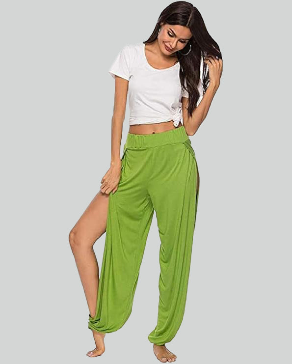 ASKSA women's high slit harem pants women's hippie slit sports pants fitness stretch pants loose yoga pants