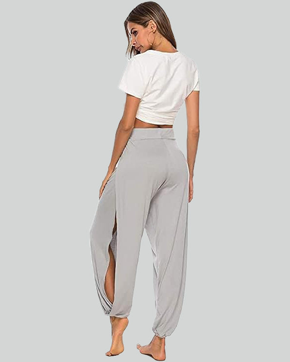 ASKSA women's high slit harem pants women's hippie slit sports pants fitness stretch pants loose yoga pants