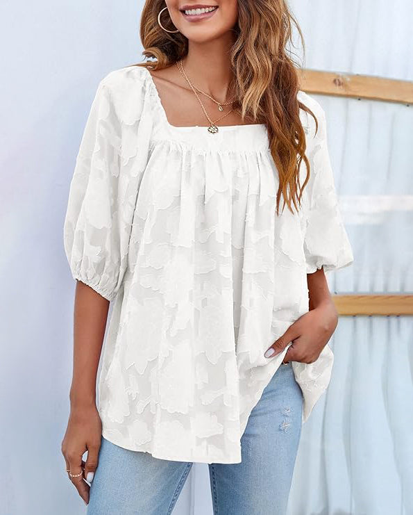 ASKSA Women's Chiffon Shirt 3/4 Lantern Sleeve Summer Shirt Elegant Loose Lace Top Square Neck Babydoll Tunic Shirt