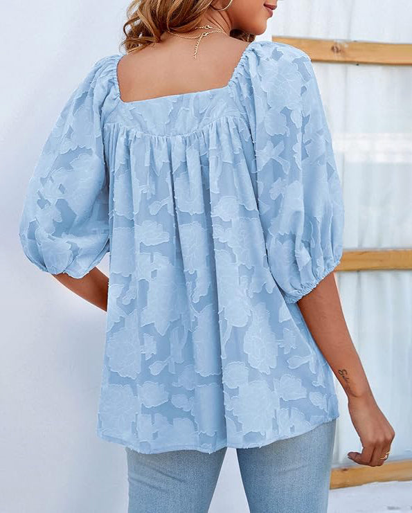 ASKSA Women's Chiffon Shirt 3/4 Lantern Sleeve Summer Shirt Elegant Loose Lace Top Square Neck Babydoll Tunic Shirt