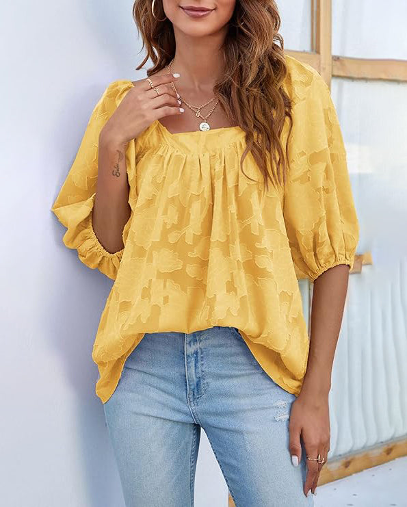ASKSA Women's Chiffon Shirt 3/4 Lantern Sleeve Summer Shirt Elegant Loose Lace Top Square Neck Babydoll Tunic Shirt