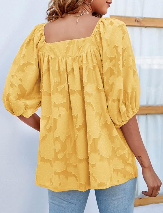 ASKSA Women's Chiffon Shirt 3/4 Lantern Sleeve Summer Shirt Elegant Loose Lace Top Square Neck Babydoll Tunic Shirt