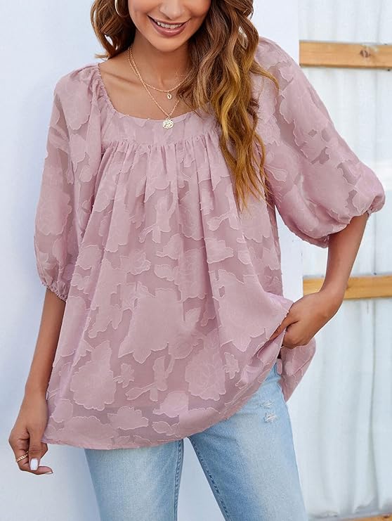 ASKSA Women's Chiffon Shirt 3/4 Lantern Sleeve Summer Shirt Elegant Loose Lace Top Square Neck Babydoll Tunic Shirt