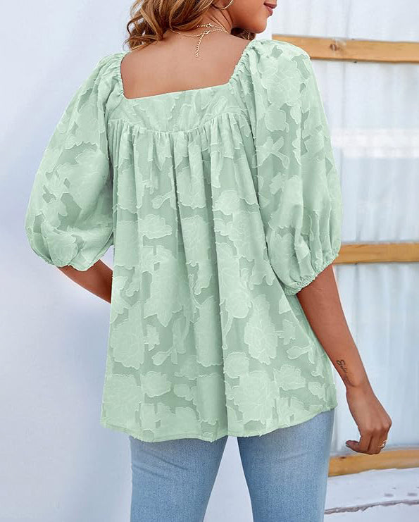 ASKSA Women's Chiffon Shirt 3/4 Lantern Sleeve Summer Shirt Elegant Loose Lace Top Square Neck Babydoll Tunic Shirt