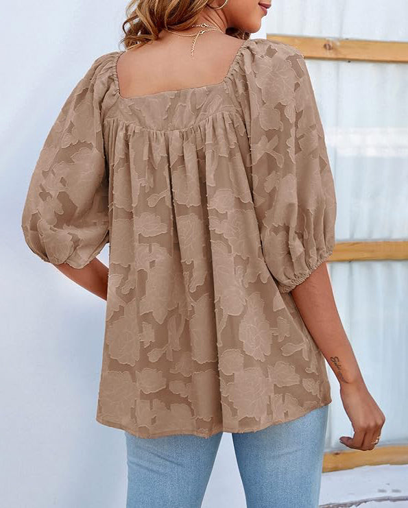 ASKSA Women's Chiffon Shirt 3/4 Lantern Sleeve Summer Shirt Elegant Loose Lace Top Square Neck Babydoll Tunic Shirt