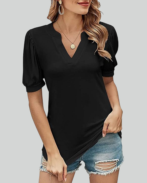 ASKSA Women's T-shirt V-neck puff sleeve short-sleeved basic top summer casual loose waist solid color top