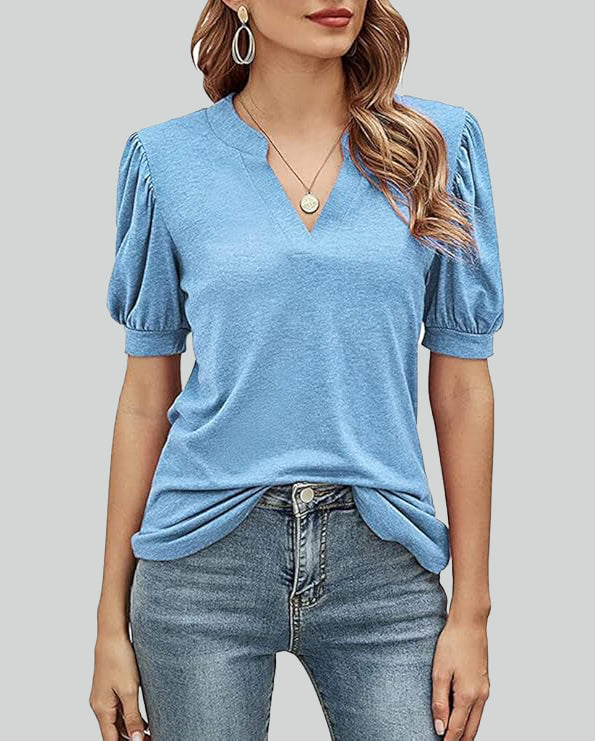 ASKSA Women's T-shirt V-neck puff sleeve short-sleeved basic top summer casual loose waist solid color top
