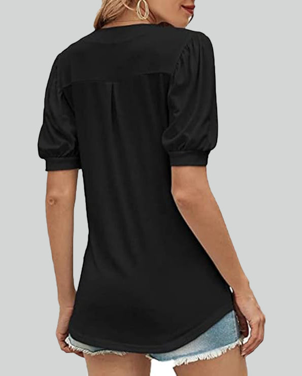 ASKSA Women's T-shirt V-neck puff sleeve short-sleeved basic top summer casual loose waist solid color top