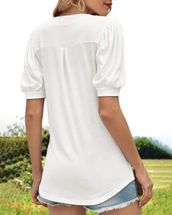 ASKSA Women's T-shirt V-neck puff sleeve short-sleeved basic top summer casual loose waist solid color top