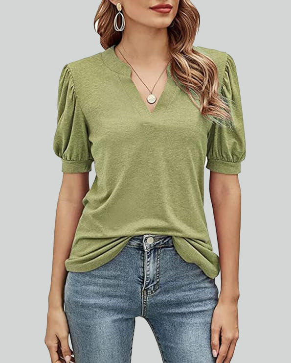 ASKSA Women's T-shirt V-neck puff sleeve short-sleeved basic top summer casual loose waist solid color top