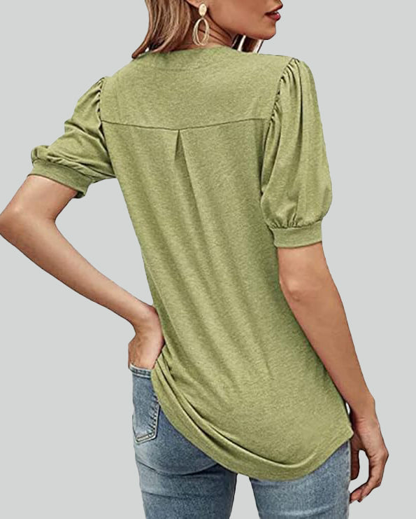ASKSA Women's T-shirt V-neck puff sleeve short-sleeved basic top summer casual loose waist solid color top