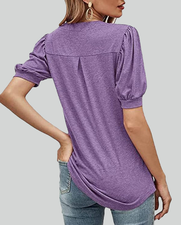 ASKSA Women's T-shirt V-neck puff sleeve short-sleeved basic top summer casual loose waist solid color top