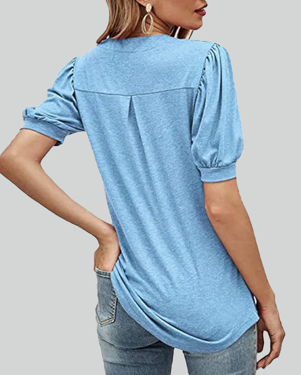 ASKSA Women's T-shirt V-neck puff sleeve short-sleeved basic top summer casual loose waist solid color top