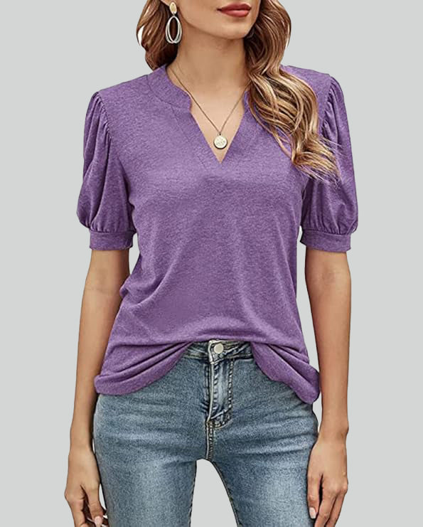 ASKSA Women's T-shirt V-neck puff sleeve short-sleeved basic top summer casual loose waist solid color top