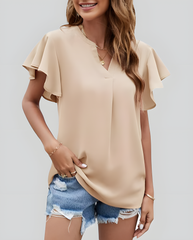 ASKSA Women's Shirt Chiffon Elegant V-neck Ruffle Summer Short Sleeve Loose Solid Color Basic Tops Casual Tunic Tops
