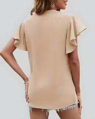 ASKSA Women's Shirt Chiffon Elegant V-neck Ruffle Summer Short Sleeve Loose Solid Color Basic Tops Casual Tunic Tops