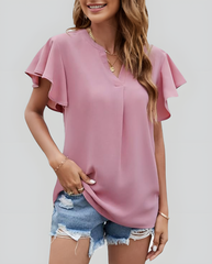 ASKSA Women's Shirt Chiffon Elegant V-neck Ruffle Summer Short Sleeve Loose Solid Color Basic Tops Casual Tunic Tops