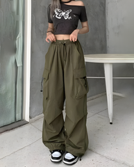 ASKSA Damen Cargohose Baggy Weites Bein Hose Y2K Track Pants Vintage Elastische Hohe Taille Freizeithose mit Taschen