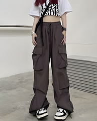 ASKSA Damen Cargohose Baggy Weites Bein Hose Y2K Track Pants Vintage Elastische Hohe Taille Freizeithose mit Taschen