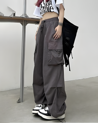 ASKSA Damen Cargohose Baggy Weites Bein Hose Y2K Track Pants Vintage Elastische Hohe Taille Freizeithose mit Taschen