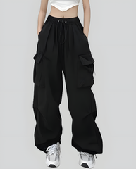 ASKSA Damen Cargohose Baggy Weites Bein Hose Y2K Track Pants Vintage Elastische Hohe Taille Freizeithose mit Taschen