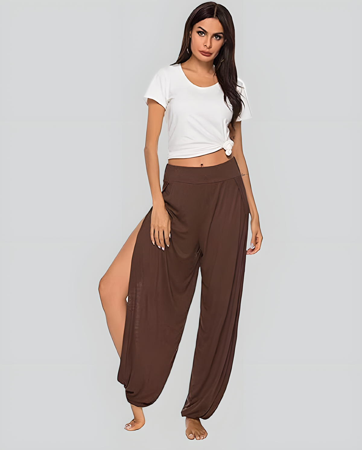 ASKSA women's high slit harem pants women's hippie slit sports pants fitness stretch pants loose yoga pants