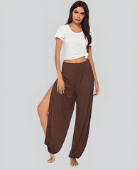 ASKSA women's high slit harem pants women's hippie slit sports pants fitness stretch pants loose yoga pants
