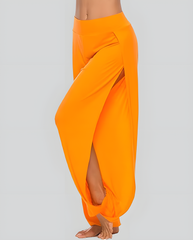 ASKSA women's high slit harem pants women's hippie slit sports pants fitness stretch pants loose yoga pants