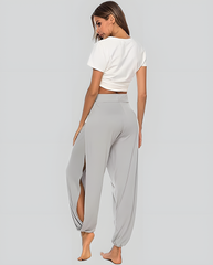 ASKSA women's high slit harem pants women's hippie slit sports pants fitness stretch pants loose yoga pants