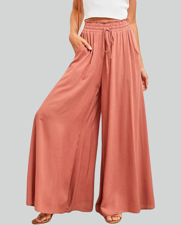 ASKSA women's wide-leg pants summer high waist pleated pants elegant solid color light pants skirt summer pants