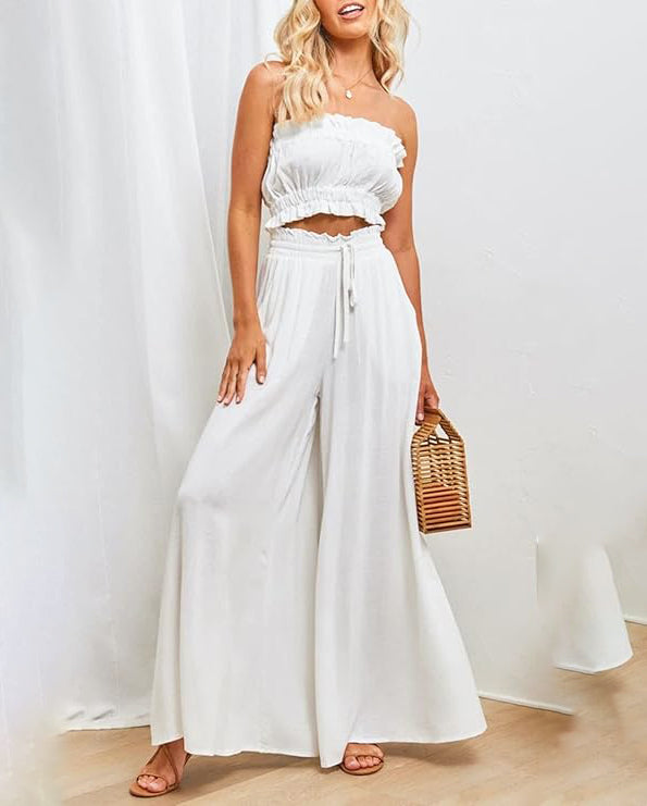 ASKSA women's wide-leg pants summer high waist pleated pants elegant solid color light pants skirt summer pants